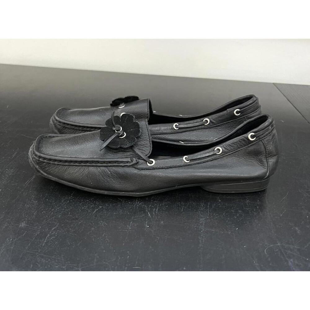 Sam & Libby Black Leather Loafers with Floral Accent - 9